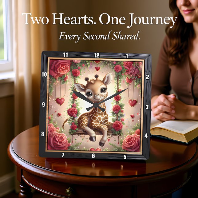 Relógio Quadrado Baby Giraffe Rose Garden (Criador carregado)