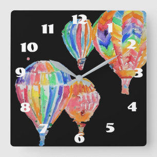 Relógio Quadrado Balão de Ar Quente Aquarela Preto Berçário Infanti