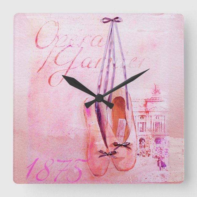 Relógio Quadrado Balé Dançarino da Vintage Pink Watercolor Ballerin (Frente)