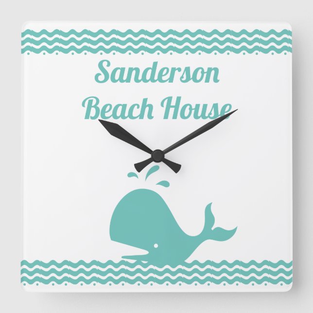 Relógio Quadrado Baleia Azul-Ártico e Ondas Azul-Branco (Frente)