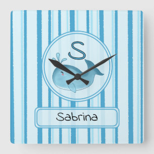 Relógio Quadrado Baleia Bebê Fofa Listras Azuis