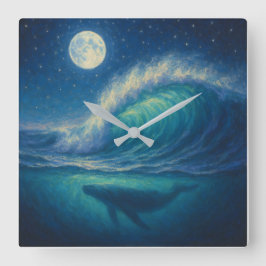 Relógio Quadrado Baleia Sob a Onda ao Luar - Estilo de Pintura Past