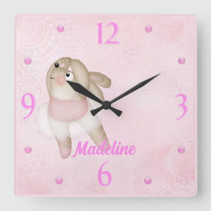 Relógio Quadrado Ballerina Bunny Nursery Wall Clock
