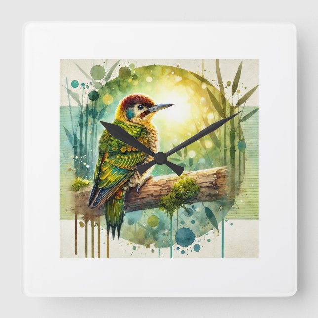 Relógio Quadrado Bamboo woodpecker 110924AREF101 - Watercolor (Frente)