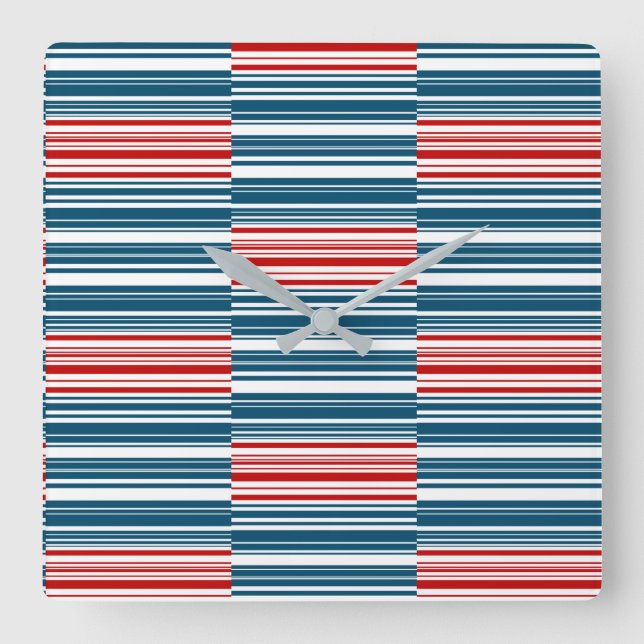 Relógio Quadrado Bandas brancas azuis vermelhas (Frente)