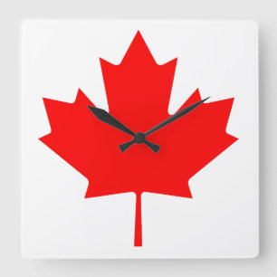 Relógio Quadrado Bandeira Canadense Folha de Bordo Vermelha