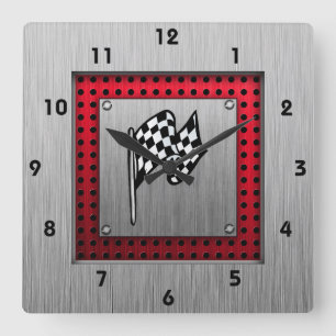 Relógio Quadrado Bandeira Checkered; olhar de alumínio escovado