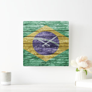 Relógio Quadrado Bandeira de madeira do Brasil