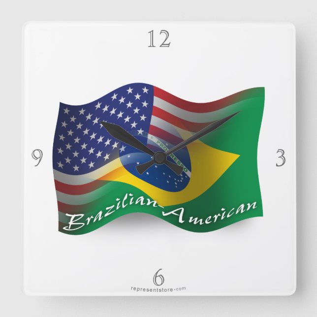 Relógio Quadrado Bandeira de ondulação Brasileiro-Americana (Frente)