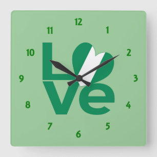 Relógio Quadrado Bandeira do Coração LOVE Verde Nigeriano 