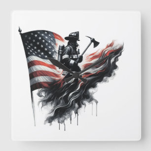 Relógio Quadrado Bandeira dos Estados Unidos. Bombeiro