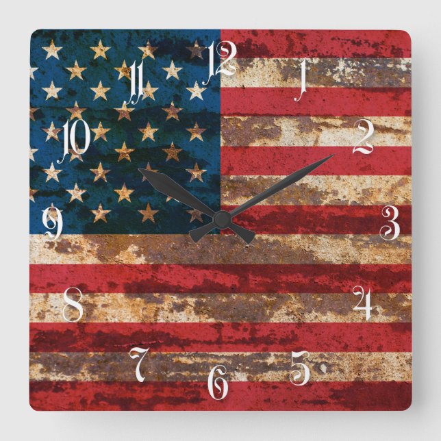 Relógio Quadrado Bandeira Grunge USA (Frente)