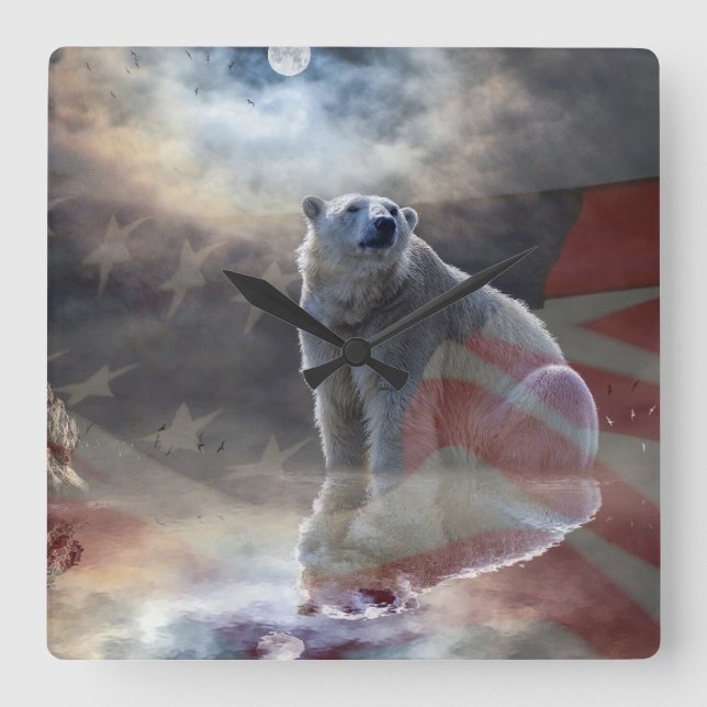 Relógio Quadrado Bandeira Polar Bear American (Frente)