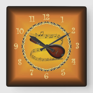 Relógio Quadrado Bandolim 01 No Musical Scroll & Russet Orange ~