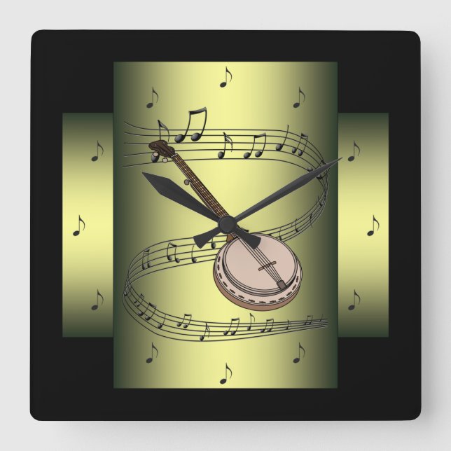 Relógio Quadrado Banjo ~ Musical Swirl ~ Notas ~ * ~ (Frente)