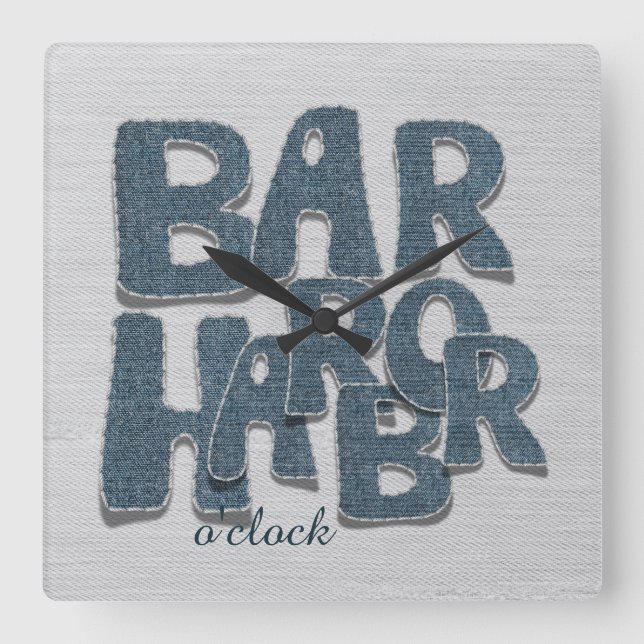 Relógio Quadrado Bar Harbor Maine Denim Letter Wall Clock (Frente)