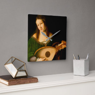 Relógio Quadrado Bartolomeo Veneto Lady Playing Lute Portrait Art
