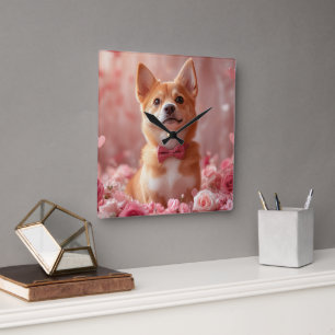 Relógio Quadrado Basenji com Rosas - Dia dos Namorados
