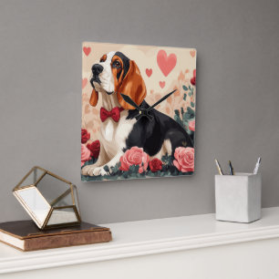 Relógio Quadrado Basset Hound com Rosas - Dia dos Namorados