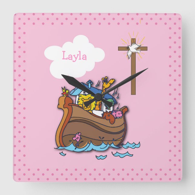 Relógio Quadrado Batismo de Arca Personalizável de Noé, Rosa-Rapari (Frente)