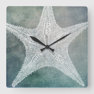 Relógio Quadrado Beach Decor Indigo Teal Blue Watercolor Starfish