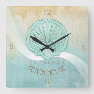 Relógio Quadrado Beach House Clam Shell Aqua Blue ID623