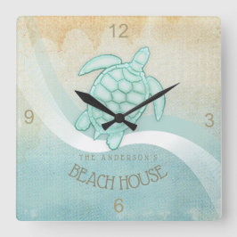 Relógio Quadrado Beach House NMaritime Turtle Aqua Blue ID623
