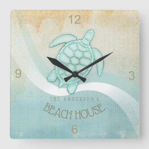 Relógio Quadrado Beach House NMaritime Turtle Aqua Blue ID623