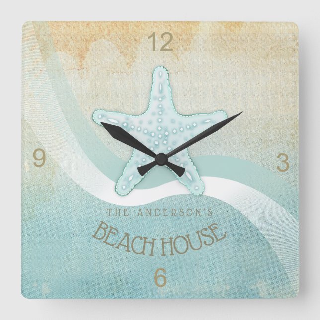 Relógio Quadrado Beach House - Starfish Aqua Blue ID623 (Frente)