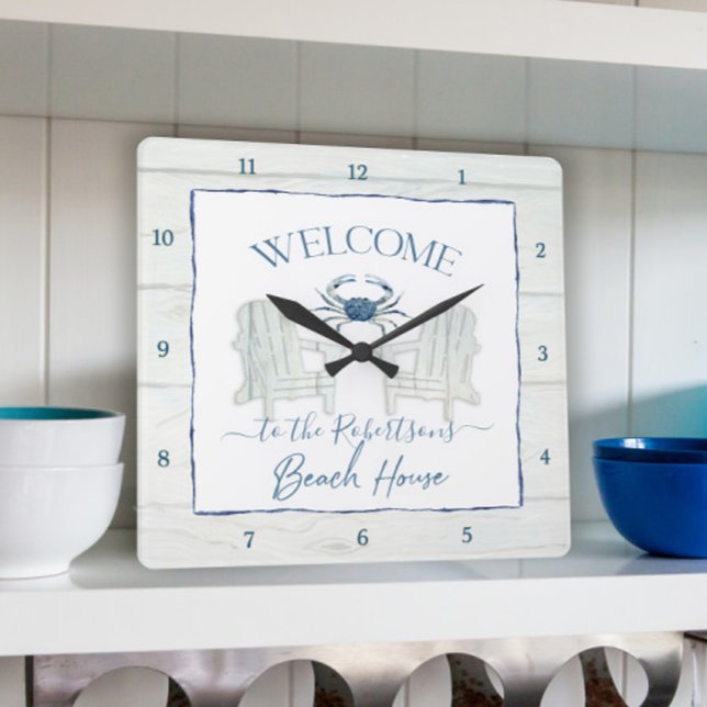 Relógio Quadrado Beach House Watercolor Adirondack Cadeira Crab (Criador carregado)