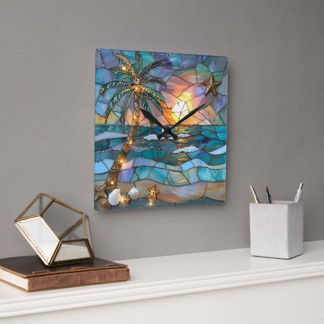 Relógio Quadrado Beach Sunset Stained Glass Wall Clock (Escritório)
