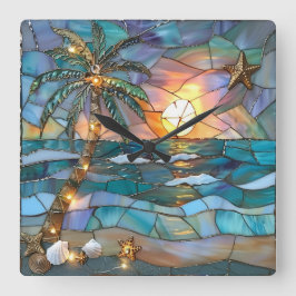 Relógio Quadrado Beach Sunset Stained Glass Wall Clock