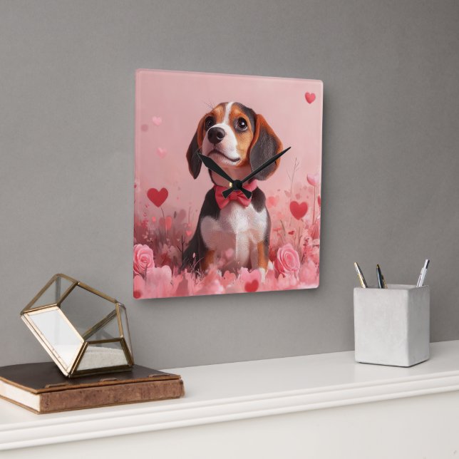 Relógio Quadrado Beagle com Rosas - Dia dos Namorados (Escritório)