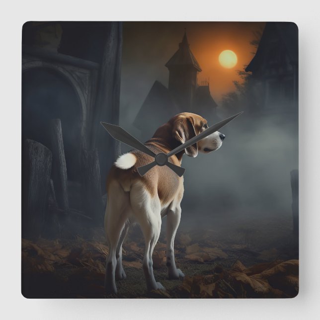 Relógio Quadrado Beagle Halloween Assustador (Frente)
