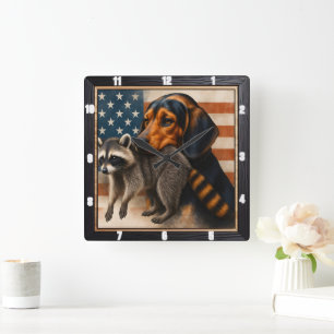 Relógio Quadrado Beagle Raccoon American Flag
