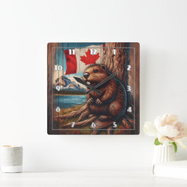 Relógio Quadrado Beaver sentado em lago com bandeira canadense