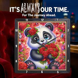 Relógio Quadrado Bebê Panda Rosa Vermelha