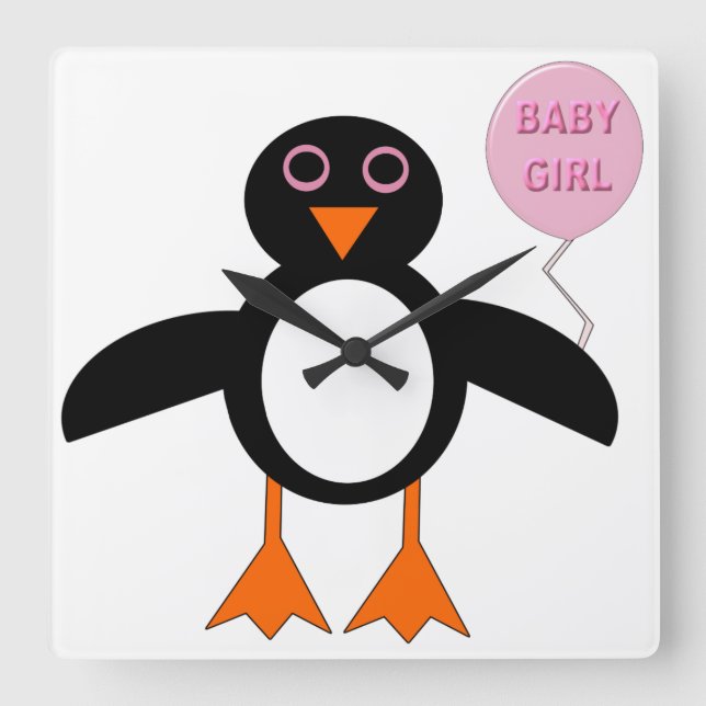 Relógio Quadrado Bebê rosa-rosa-branca Pemguin Wall Clock (Frente)