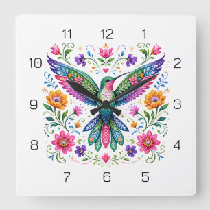 Relógio Quadrado Beija-flor colorido da arte Flok
