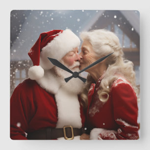 Relógio Quadrado Beijando o Sr. e a Sra. Papai Noel
