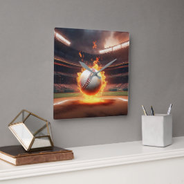Relógio Quadrado Beisebol Flamejante No Estádio