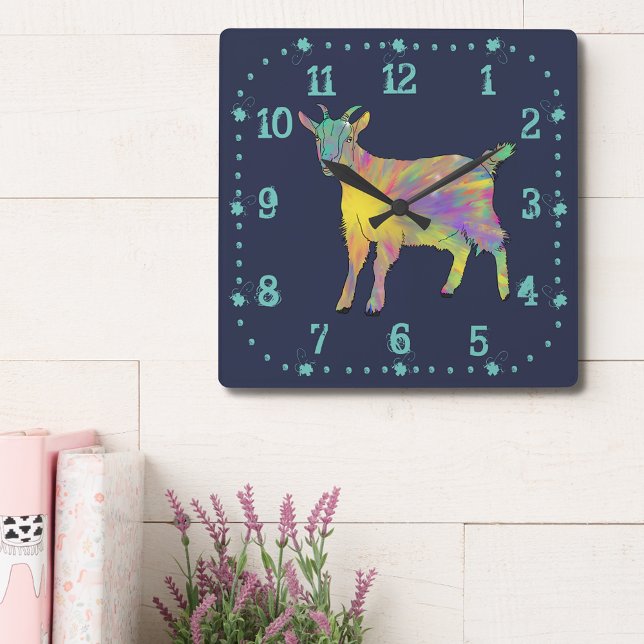 Relógio Quadrado Bela Fazenda Colorida Arte Animal (Cute goat colorful farm animal art navy blue wall clock for animal lovers)
