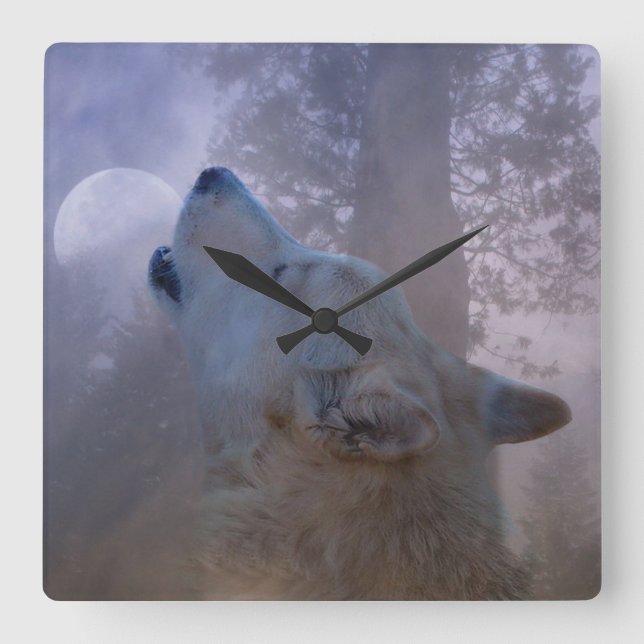 Relógio Quadrado Bela Lua e Lobo (Frente)