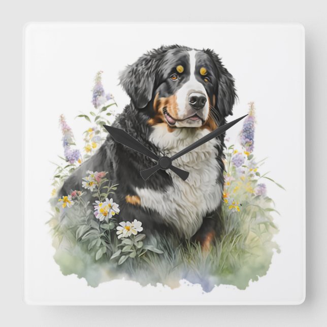 RELÓGIO QUADRADO BELA MONTANHA DE BERNESE COM FLORES (Frente)