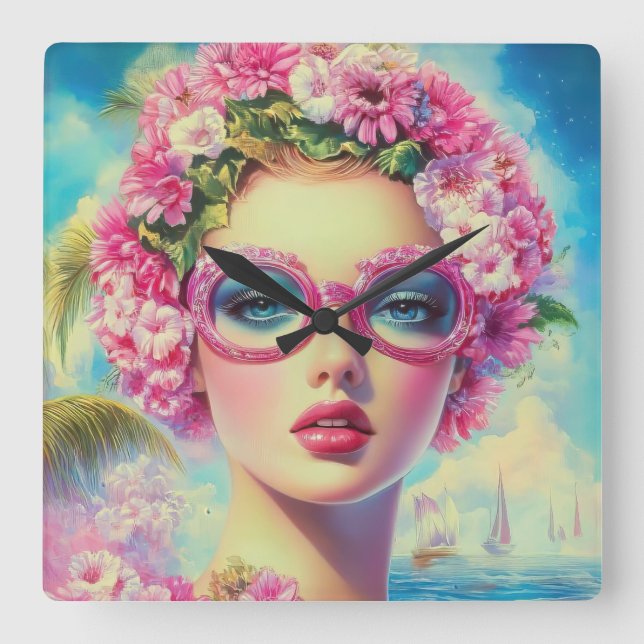 Relógio Quadrado Beleza Tropical Retroativa (Frente)