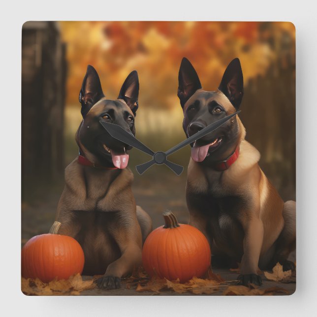 Relógio Quadrado Belga Malinoi Puppy Autumn Delight Pumpkin (Frente)
