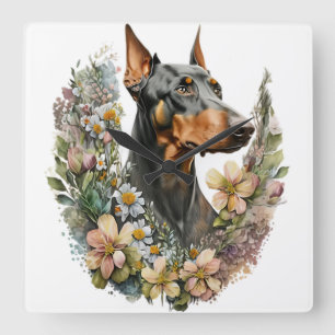 RELÓGIO QUADRADO BELÍSSIMO CÃO PINCHER DOBERMAN PRETO E CASTANHO