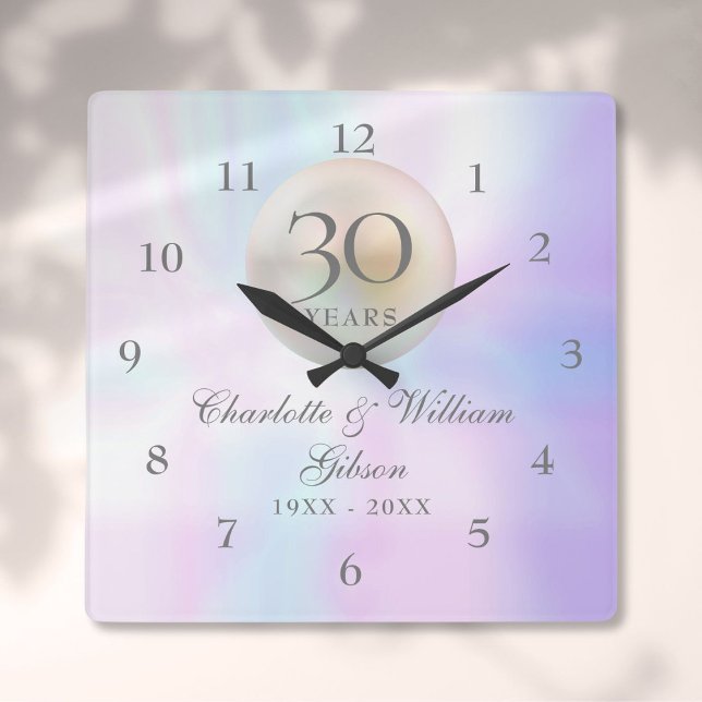 Relógio Quadrado Belo Aniversário de Casamento de Pearl 30 (Beautiful Pearl 30th Wedding Anniversary Square Wall Clock)