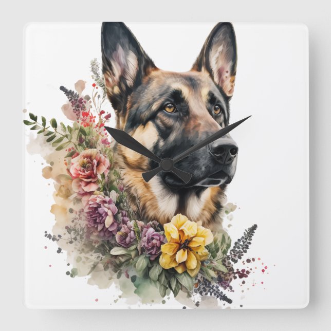 RELÓGIO QUADRADO BELO CACHORRO DE GERMAN SHEPHERD COM FLORES SELVAG (Frente)