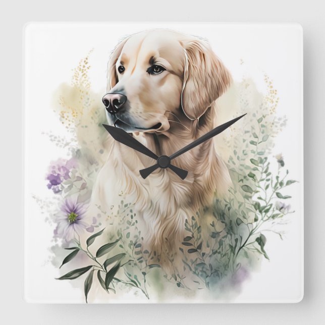 RELÓGIO QUADRADO BELO CACHORRO DE RECUPERAÇÃO DE OUROS COM FLORES D (Frente)